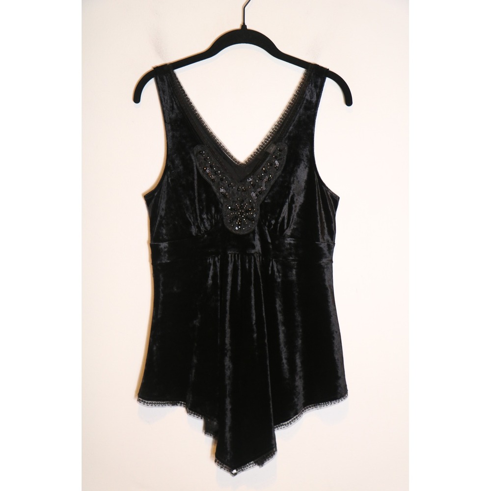 Vintage Y2K Express Velvet Beaded Babydoll Tank Top Medium Black Whimsy Goth‎